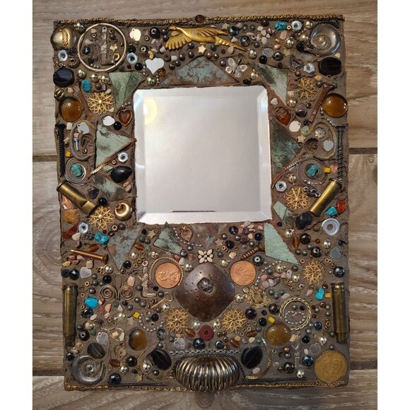 Mixed Media Steampink Mirror Wall Art, Coins, Beads, Pottery Copper Nailed Trim - Picture 1 of 10
